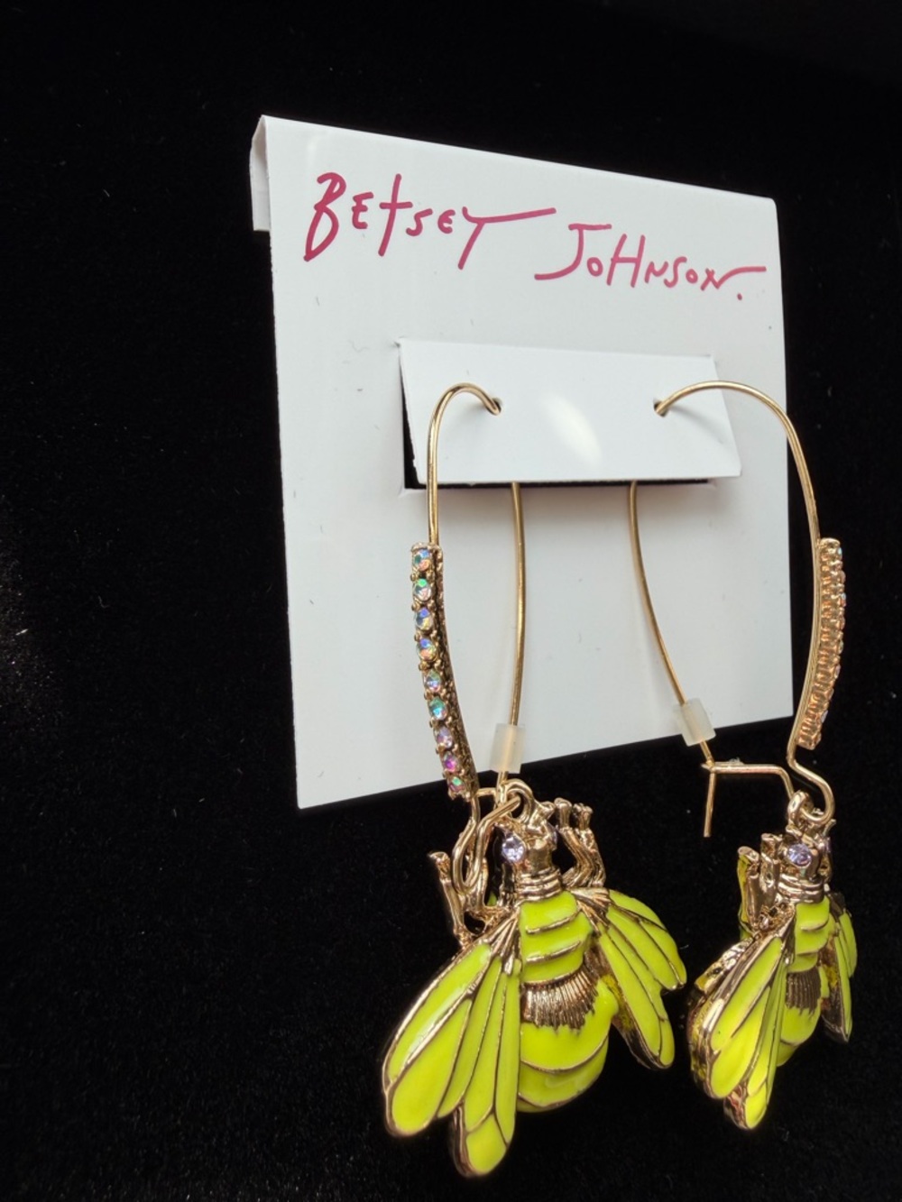 Betsey Johnson Lime Yellow Bee Drop Earrings with Gold-Tone Detail - Picture 2 of 4